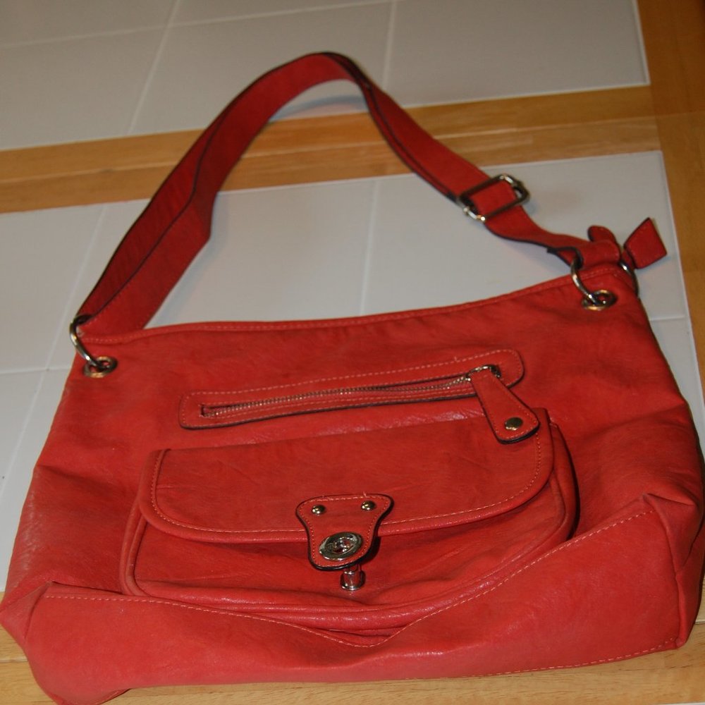 Bueno Salmon Faux Leather Shoulder Bag 14" x 12" W/29" Double Adjustable Strap - Picture 13 of 13